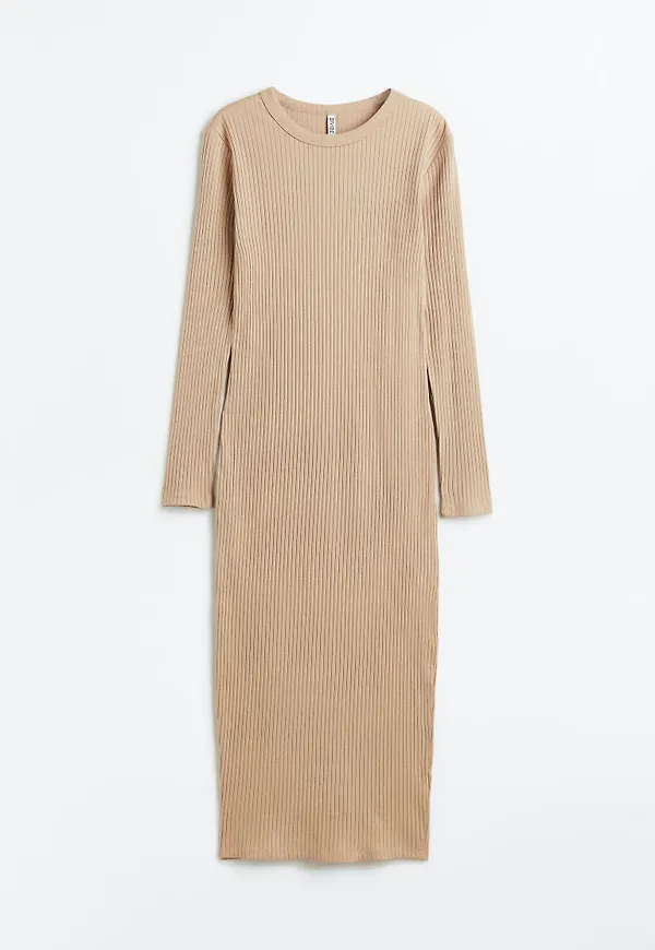 H & M - Ribbad bodycon-klänning - Beige