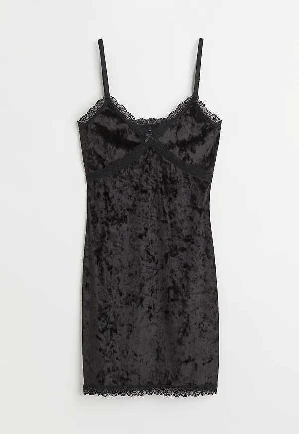 H & M - Ribbad klänning med spets - Svart