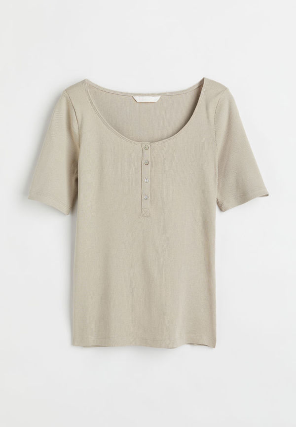 H & M - Ribbed, button-placket T-shirt - Brun