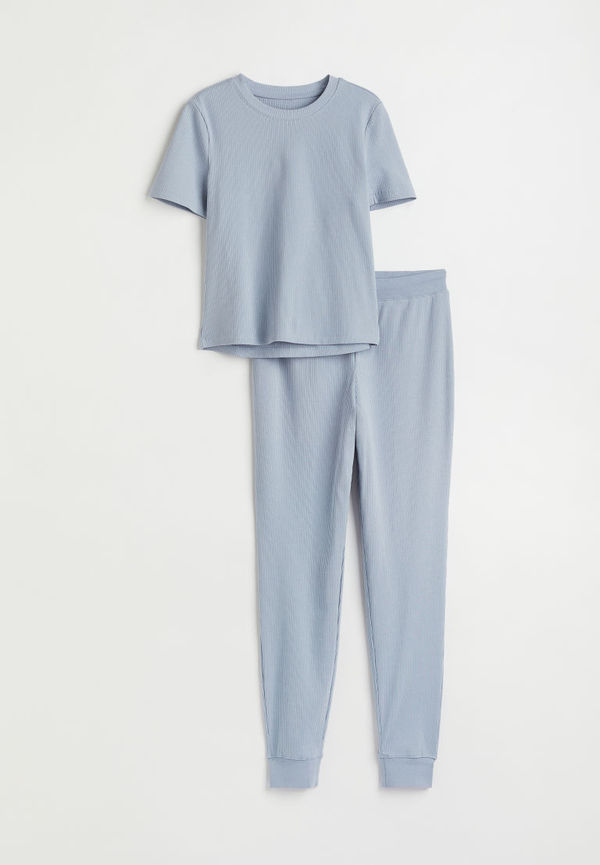 H & M - Ribbed pyjama T-shirt and bottoms - Blå