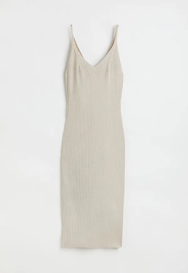 H & M - Ribbstickad bodycon-klänning - Beige
