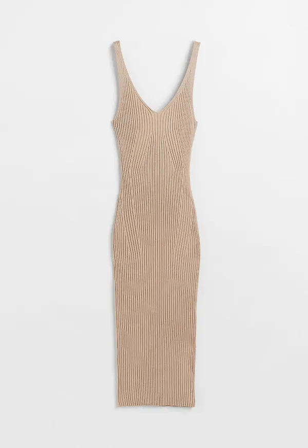 H & M - Ribbstickad bodycon-klänning - Beige