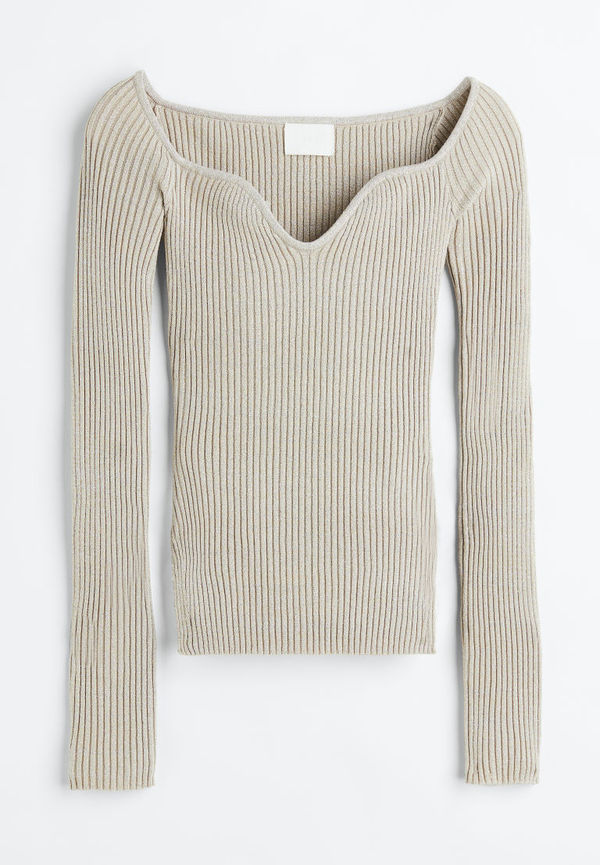 H & M - Ribbstickad glittertopp - Beige