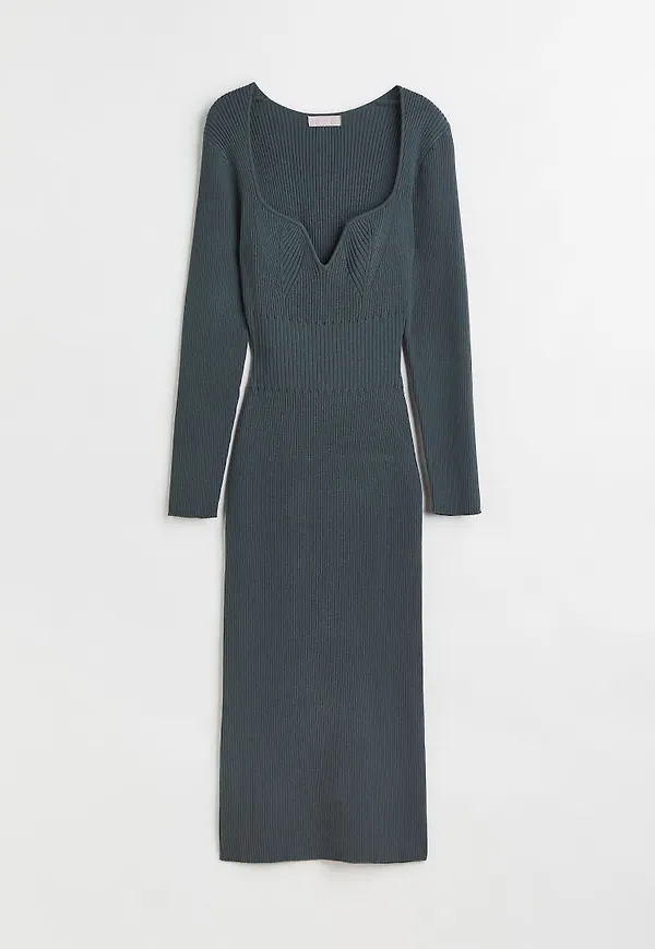 H & M - Ribbstickad klänning - Grön