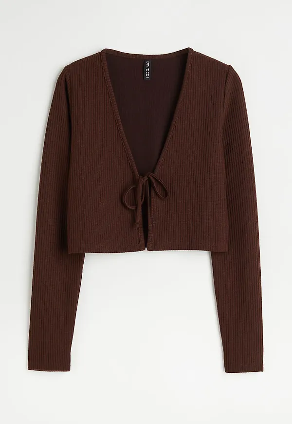 H & M - Ribbstickad kofta med knyt - Brun