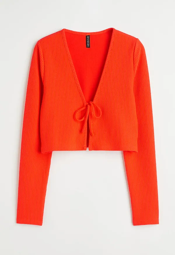 H & M - Ribbstickad kofta med knyt - Orange