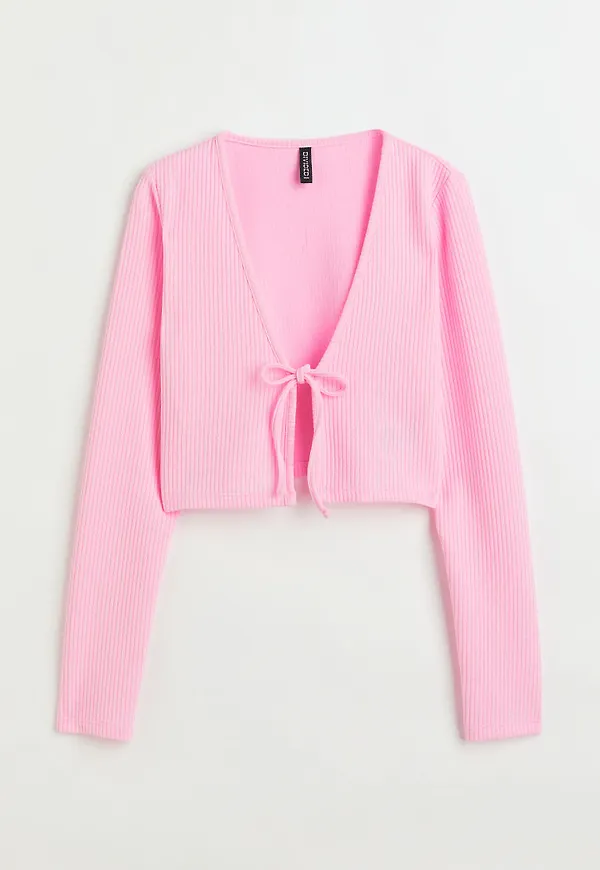 H & M - Ribbstickad kofta med knyt - Rosa