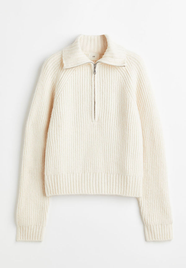 H & M - Ribbstickad tröja med dragkedja - Beige