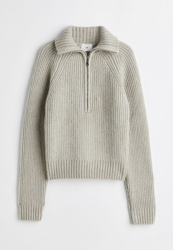H & M - Ribbstickad tröja med dragkedja - Grön