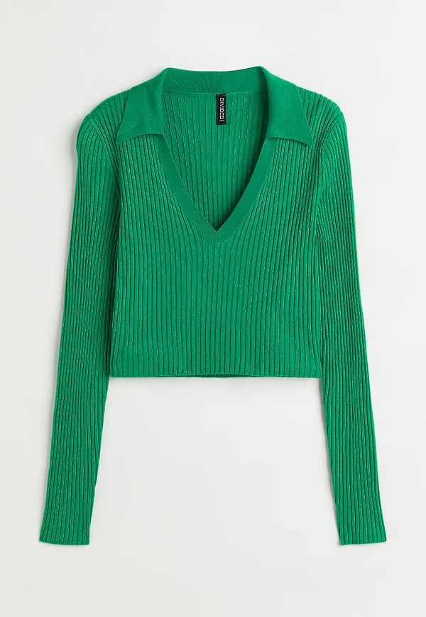 H & M - Ribbstickad tröja med krage - Grön