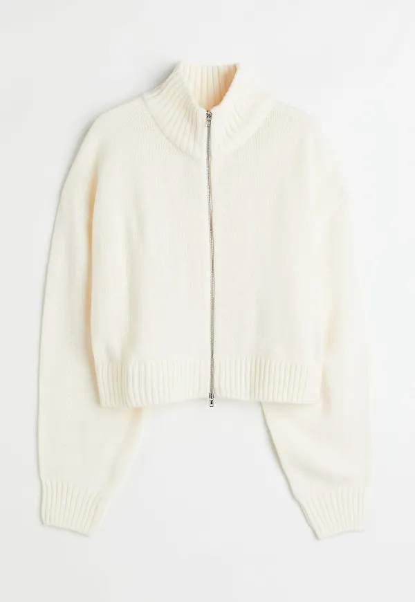 H & M - Stickad tröja med dragkedja - Vit
