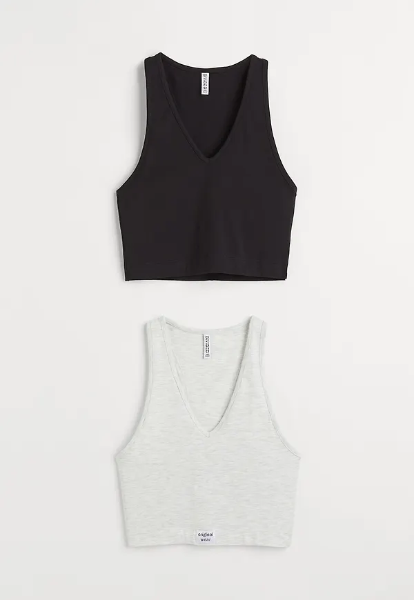 H&M 2-pack Kort Tanktop I Trikå Svart/ljus Gråmelerad, Linnen i storlek XL