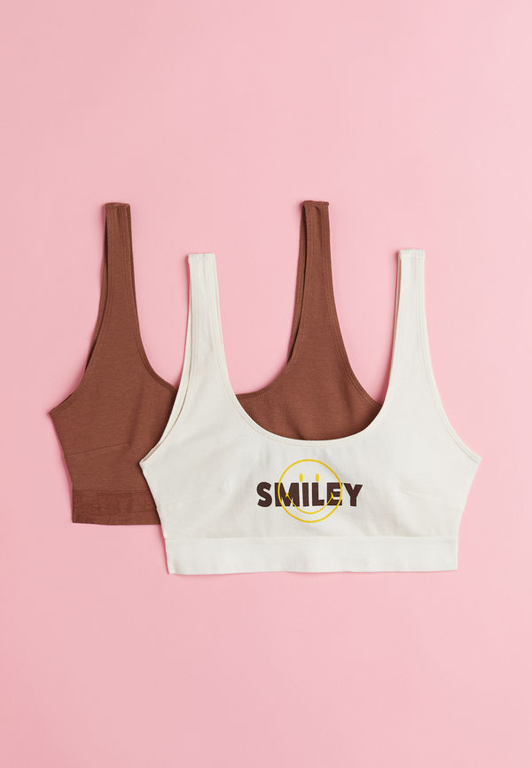 H&M 2-pack Ovadderad Bh-topp I Bomull Crèmevit/smiley®, BHs i storlek XL
