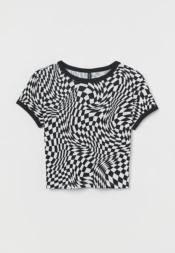 H&m+ Croptop Med Tryck Svart/vitrutig, T-shirts i storlek XL