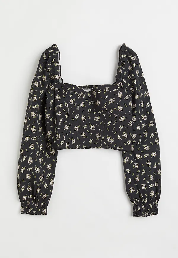 H&M Blommig Blus I Linmix Mörkgrå/blommig, Blusar i storlek L