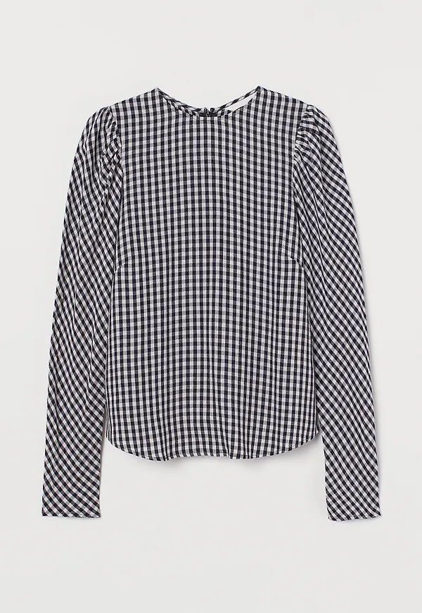 H&M Blus Med Puffärm Mörkblå/ginghamrutig, Blusar i storlek S