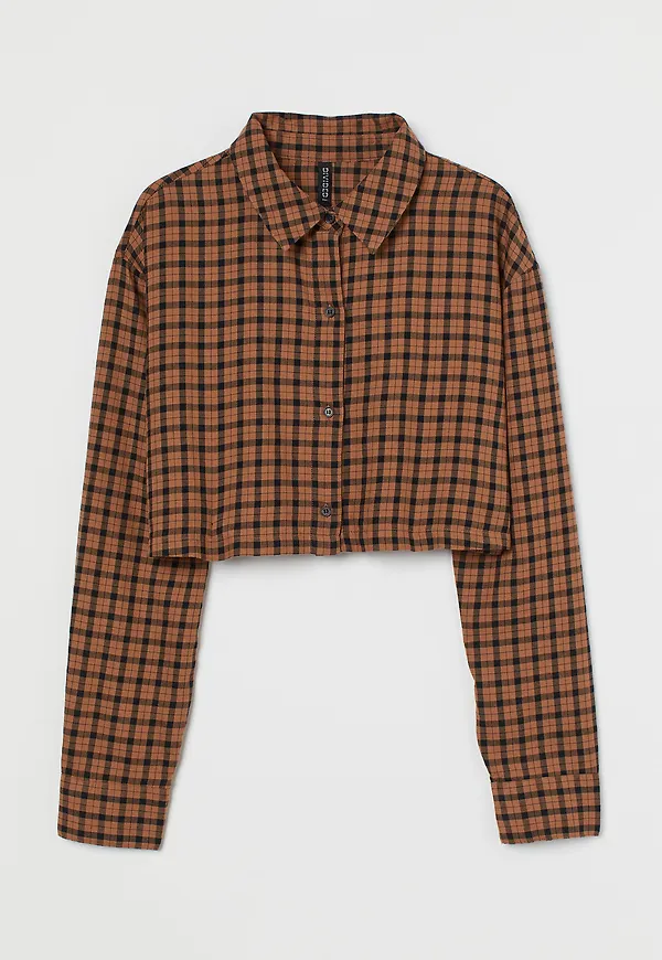 H&M Croppad Bomullsskjorta Brun/rutig, Blusar i storlek XL