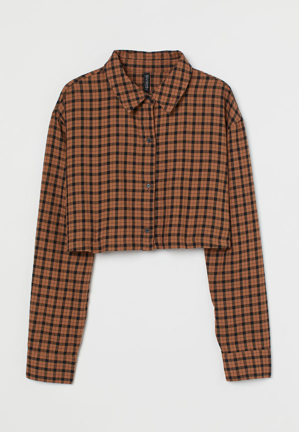 H&M Croppad Bomullsskjorta Brun/rutig, Blusar i storlek XL