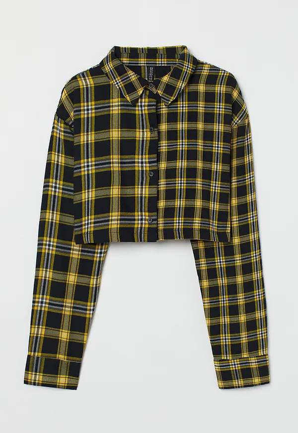 H&M Croppad Bomullsskjorta Svart/gulrutig, Casualskjortor i storlek XS