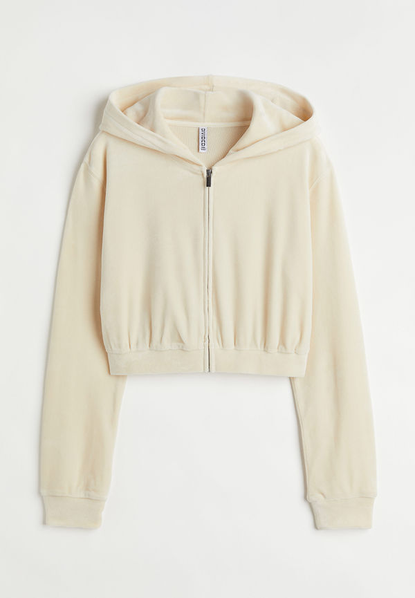 H&M Croppad Munkjacka I Velour Crèmevit, Hoodies i storlek S