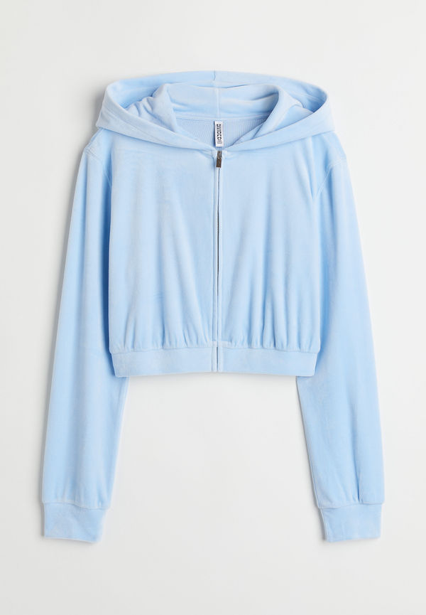 H&M Croppad Munkjacka I Velour Ljusblå, Hoodies i storlek M