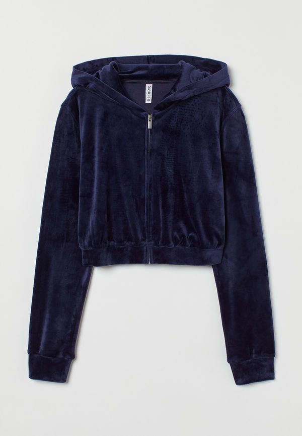 H&M Croppad Munkjacka I Velour Marinblå, Hoodies i storlek S