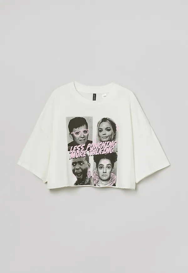 H&M Croppad T-shirt Med Motiv Vit, T-shirts i storlek S
