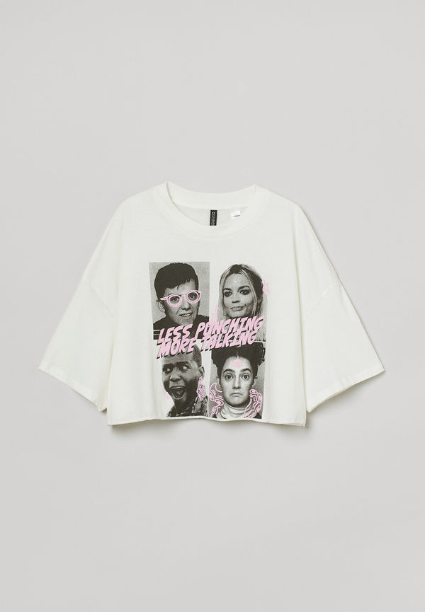 H&M Croppad T-shirt Med Motiv Vit, T-shirts i storlek S