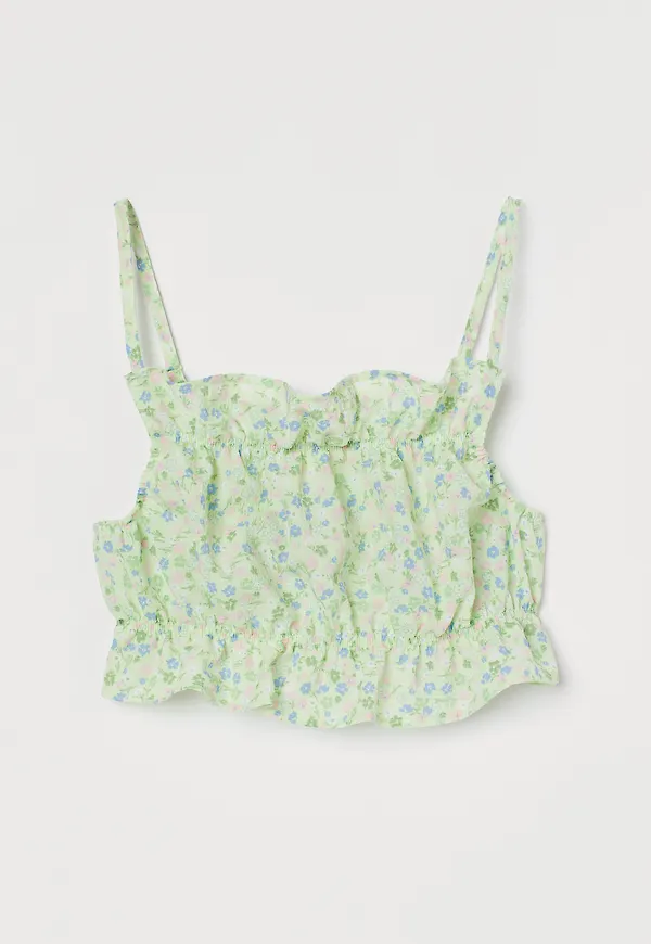 H&M Croppad Volangtopp Ljusgrön/blommig, Linnen i storlek 42