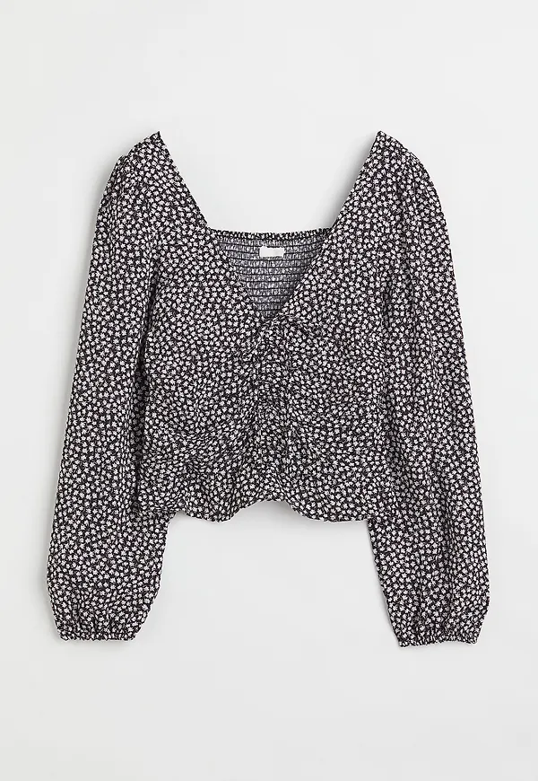 H&M Draperad Blus Svart/blommig, Blusar i storlek L