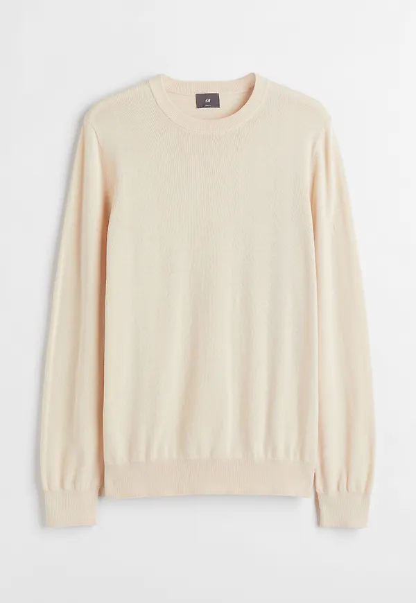 H&M Finstickad Tröja I Bomull Slim Fit Ljusbeige i storlek XXL