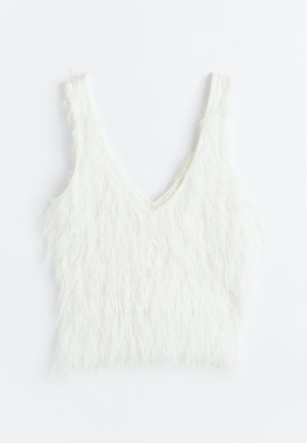 H&M Fluffig Topp Med Fransar Crèmevit, Linnen i storlek M