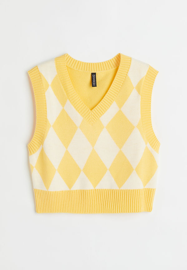 H&M Jacquardstickad Slipover Gul/rutig, Tröja i storlek XL
