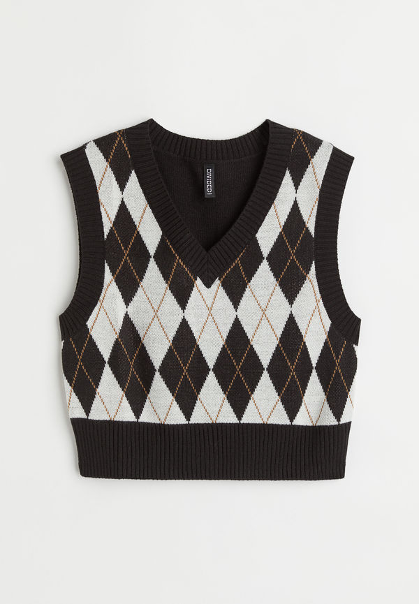 H&M Jacquardstickad Slipover Svart/rutig, Tröja i storlek S