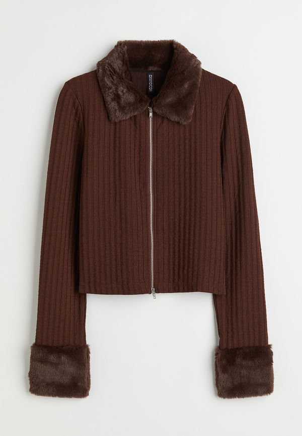 H&M Kofta Med Fuskpälskrage Mörkbrun i storlek XS