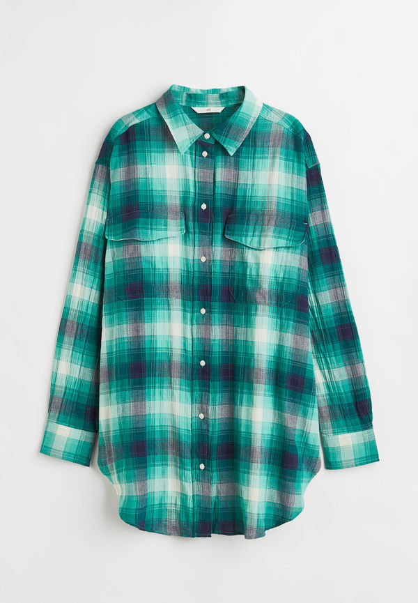 H&M Krinklad Bomullsskjorta Turkosgrön/rutig, Casualskjortor i storlek M