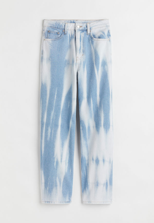 H&M Loose Straight High Jeans Ljus Denimblå/batikmönstrad, Baggy i storlek 36