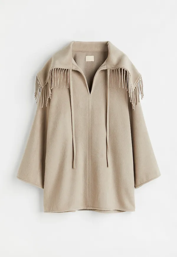 H&M Oversized Poncho Med Fransar Ljusbeige, Ponchos & Capes i storlek XL