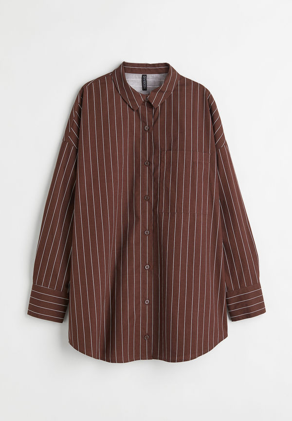 H&M Oversized Poplinskjorta Mörkbrun/kritstrecksrandig, Casualskjortor i storlek M