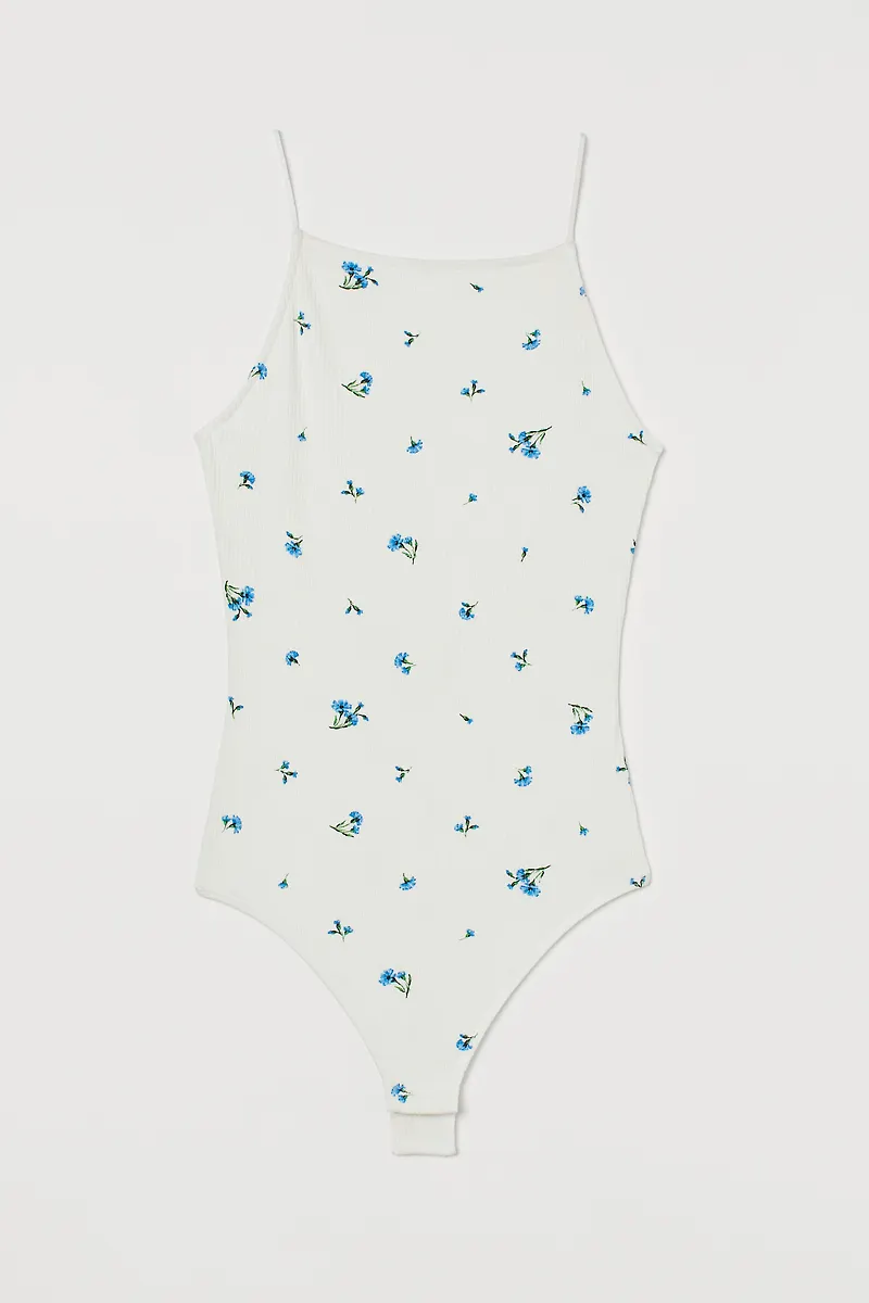 H&M Ribbad Stringbody Vit/blåblommig, Bodies i storlek XS