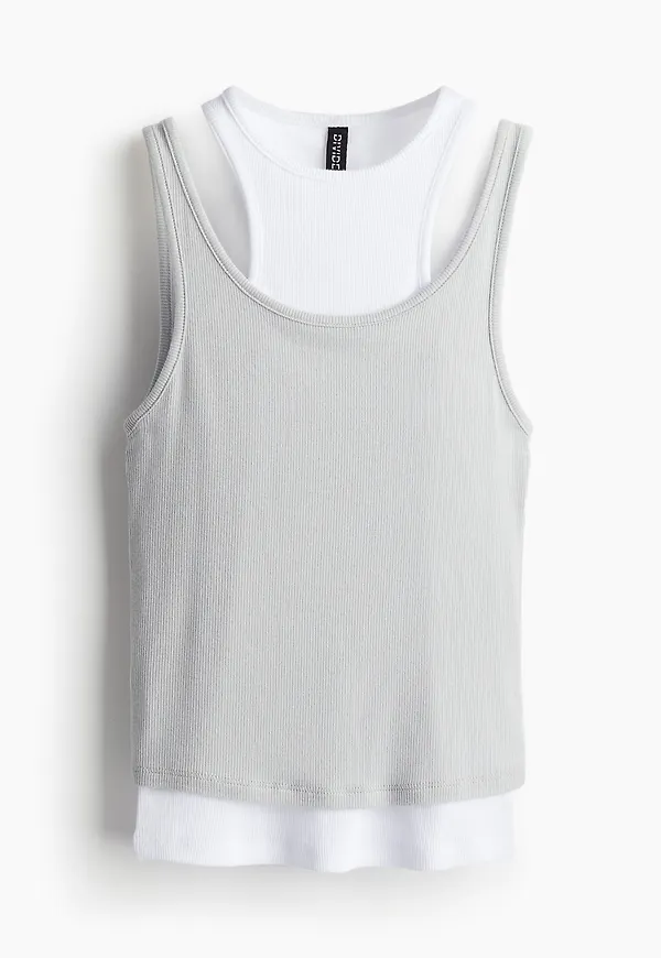 H&M Ribbad Tanktop I Dubbla Lager Ljusgrå/vit, Toppar i storlek XS