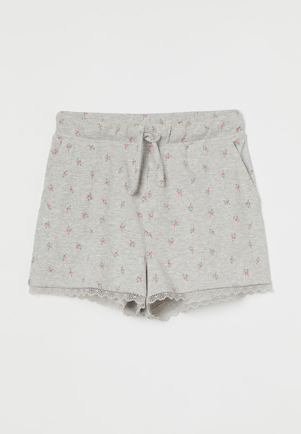 H&M Ribbade Trikåshorts Gråmelerad/blommig i storlek L