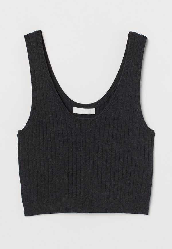 H&M Ribbstickad Croptop Mörk Gråmelerad, Linnen i storlek XL