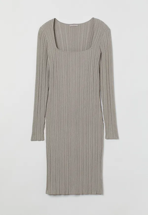 H&M Ribbstickad Klänning Gråbeige, Vardagsklänningar i storlek L och färg Vit