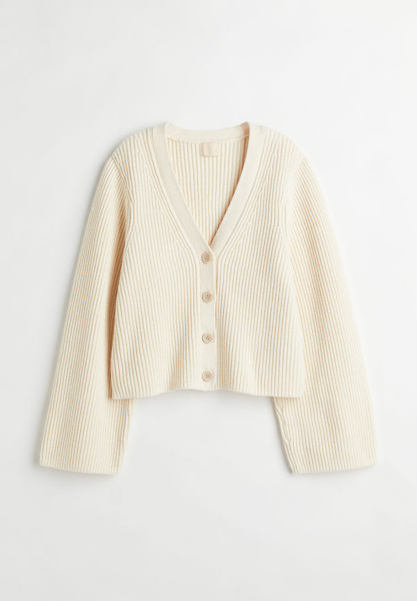 H&M Ribbstickad Kofta Crèmevit i storlek L
