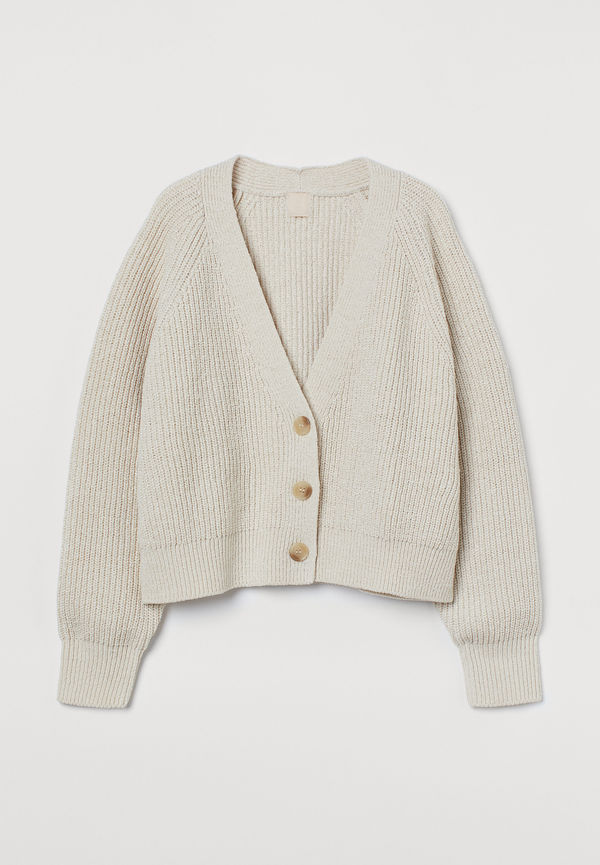 H&M Ribbstickad Kofta Crèmevit i storlek XL
