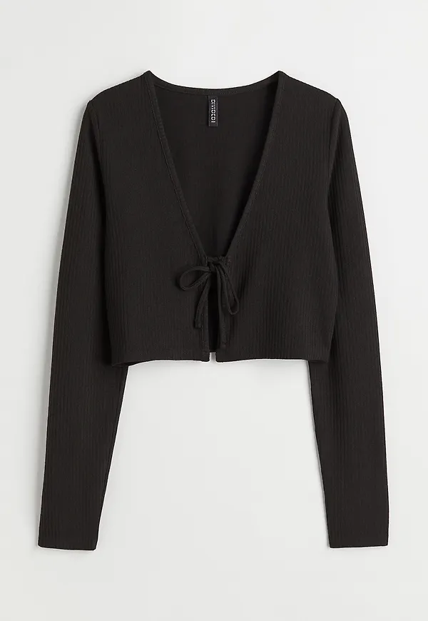 H&M Ribbstickad Kofta Med Knyt Svart i storlek XXS