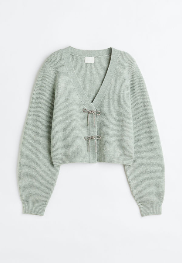 H&M Ribbstickad Kofta Med Strassklädd Rosett Salviagrön i storlek M
