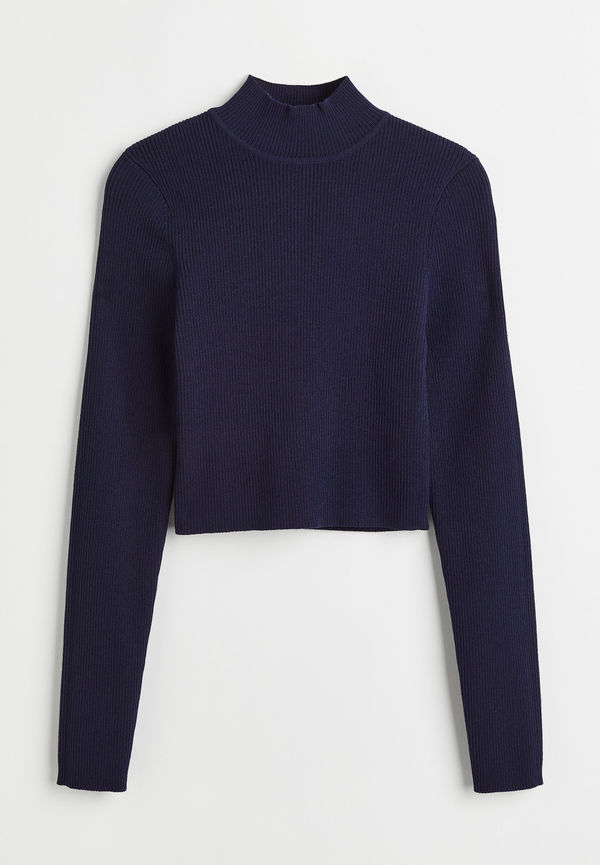 H&M Ribbstickad Topp Med Halvpolo Mörkblå, Toppar i storlek XXS
