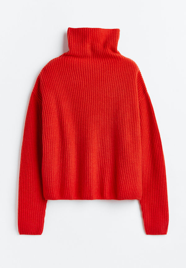 H&M Ribbstickad Tröja I Ull i storlek M och färg Röd